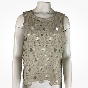 Loft Sz L Knit Floral Applique Beach Cover Boxy Tank Top Beige Polyester